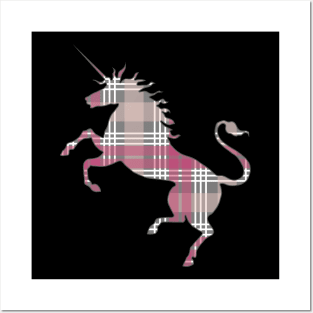 Scottish Pink, Grey and White Tartan Rearing Unicorn Silhouette Posters and Art